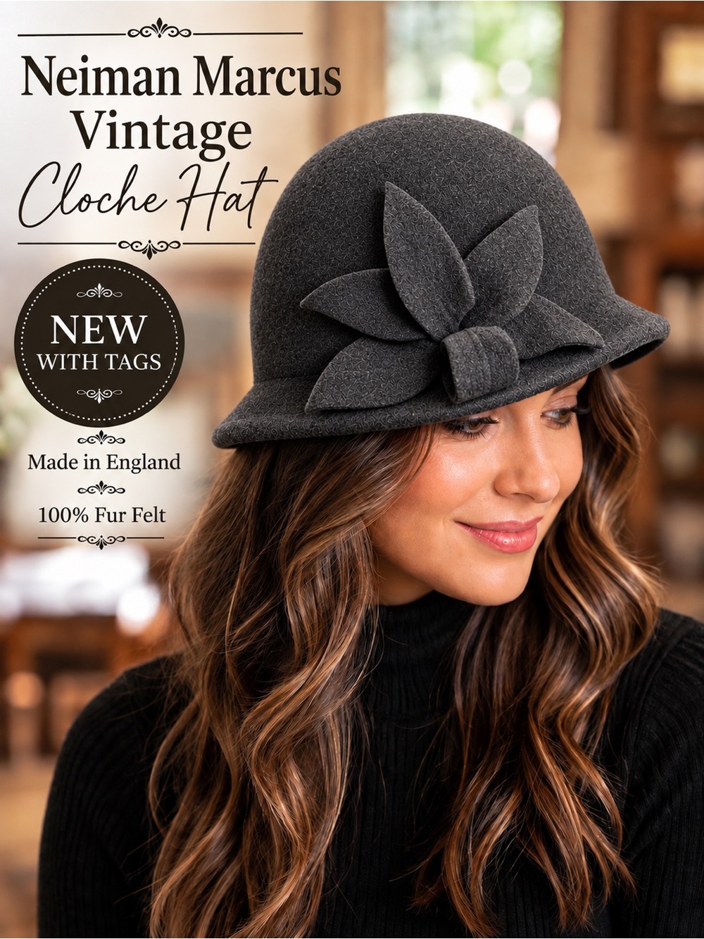 100% Fur Felt Cloche Hat | Vintage NWT | Neiman Marcus | 
Made in England